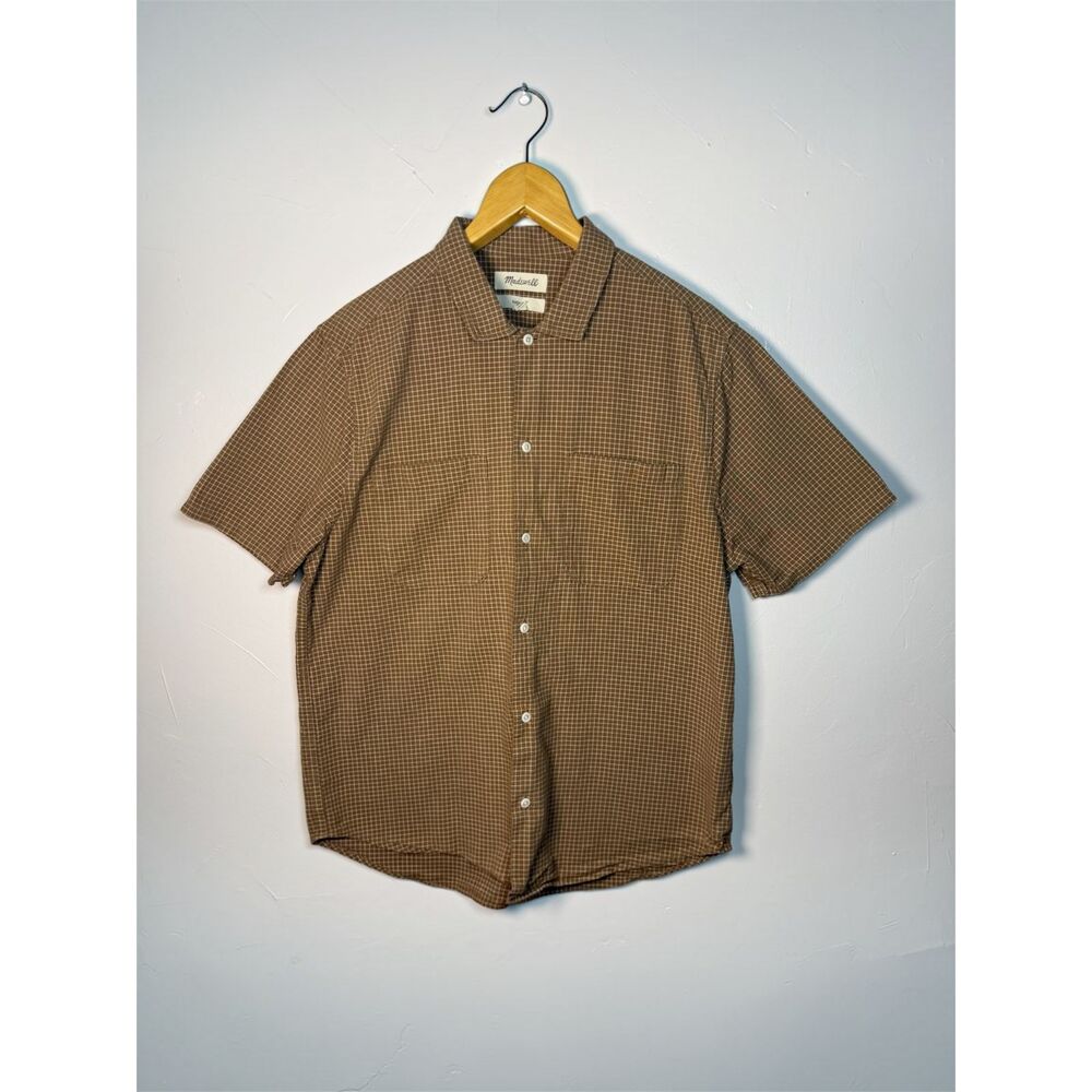 Madewell Crinkle Cotton Easy Short Sleeve Shirt Brown Plaid Mens Size Medium